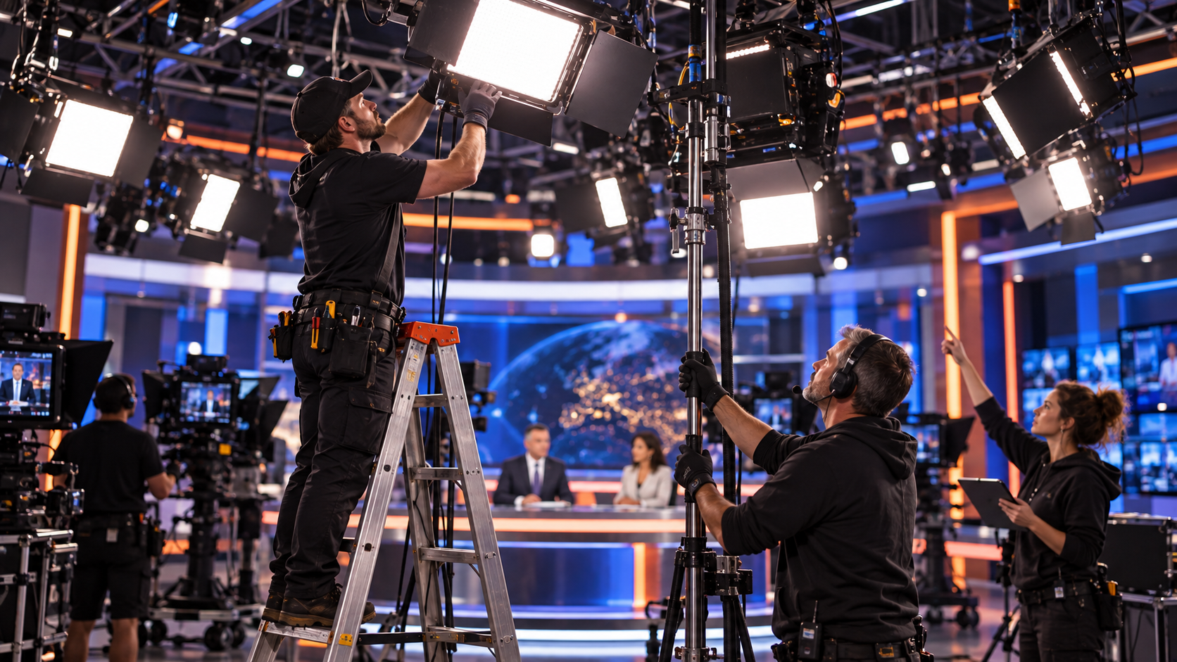 Lichttechniker richten LED-Flächenleuchten über einem Fernsehstudio ein